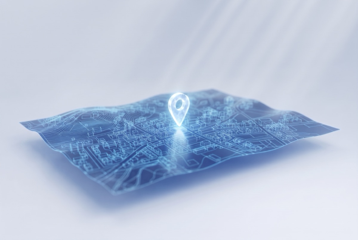 Mappa 3D olografica con geolocalizzazione — Sei qui, ti vedono